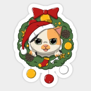 Cute Calico Cat In Christmas Wreath Sticker